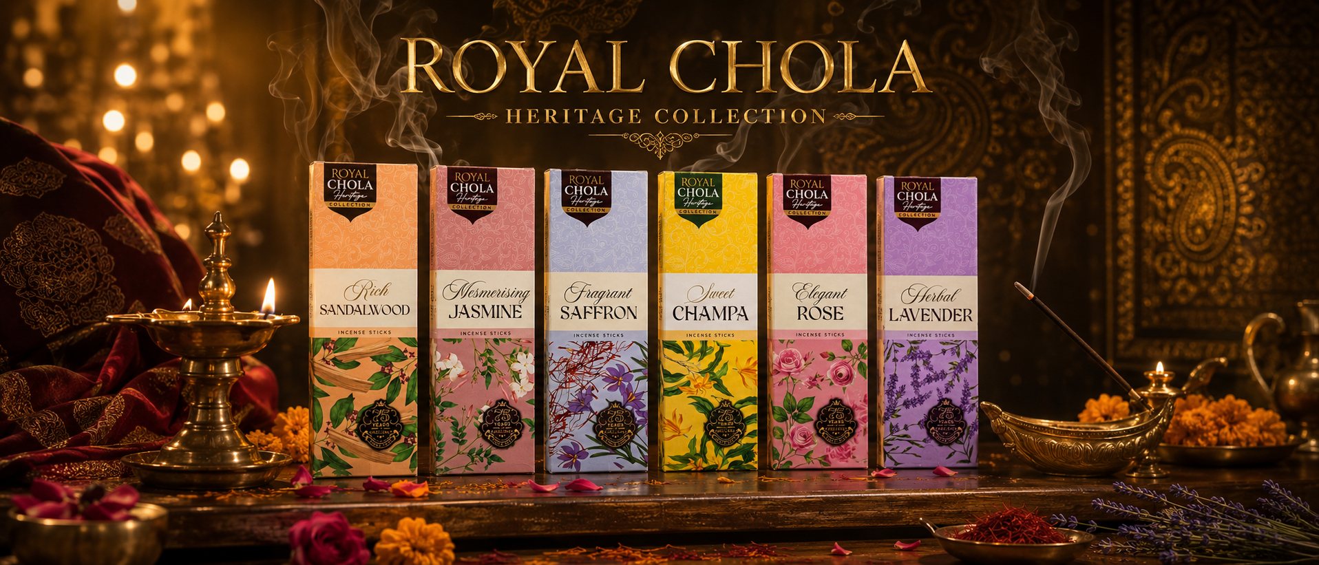 The Royal Chola Heritage Collection of incense sticks arranged on an altar with brass lamps and incense smoke
